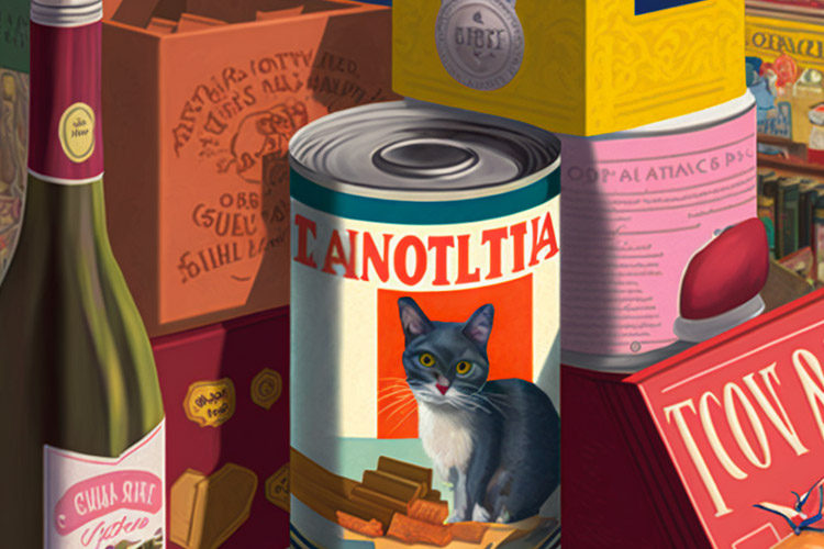 An image of multiple packed consumer good generated by Midjourney text-prompt-based artificial intelligence image generator. The image looks painted and shows products such as wine, cat food, biscuits and tea.