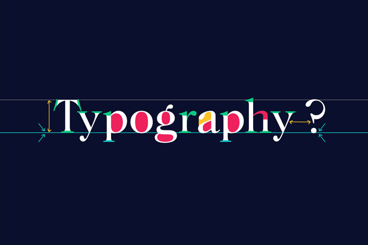 The word 'typography' with arrows and colour pointing and representing letter parts.