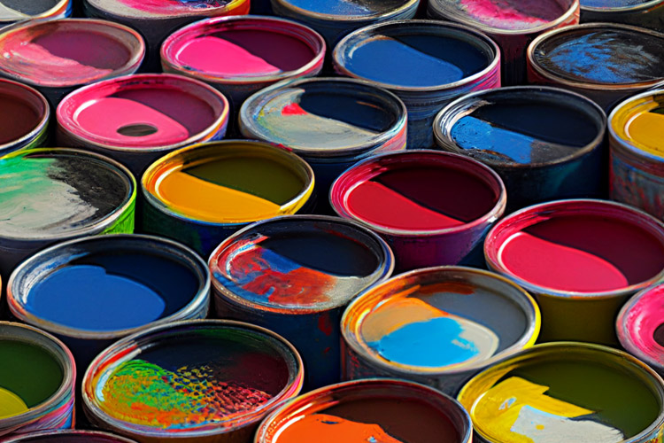 Lots of open tins of paint of all different colours next to each other.