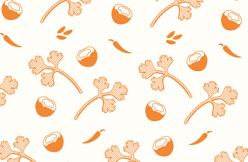 Brand pattern using the ingredients illustrations for the Crunchy Curry Crumb in a repeating fashion.