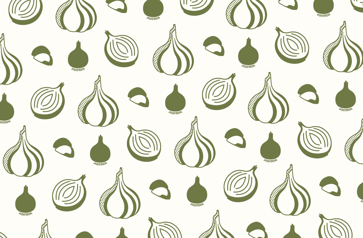 Brand pattern using the ingredients illustrations for the Roast Garlic and 3 Onion Crumb in a repeating fashion.