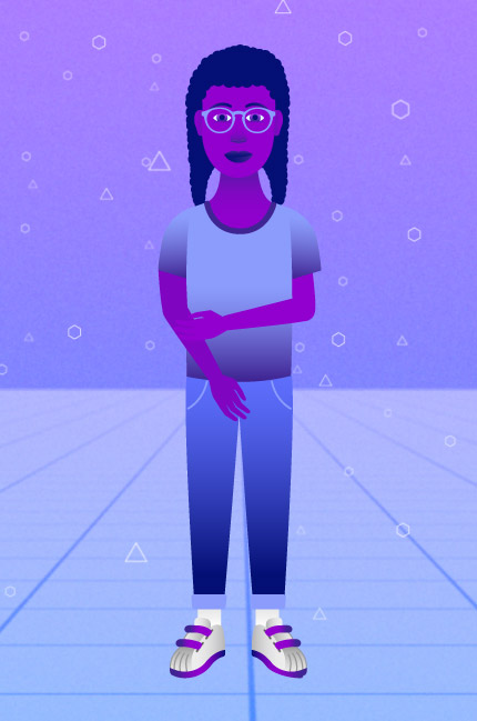 An illustration of a young black teenage girl wearing glasses, a t-shirt, jeans and trainers on a blue-purple 3D background.