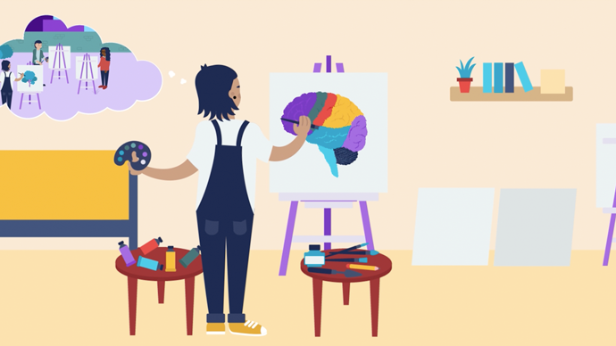 Animation still: A young, white, non-binary person is in their room painting a picture of a colourful brain. Whilst the are painting there is a tough bubble appearing from their head as they think about the art class they teach in their local park.