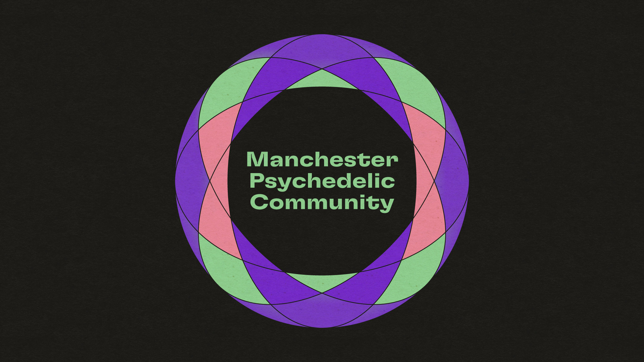 A graphic featuring a colourful spiral design in purple, green, and pink on a black background, with the group's name, 'Manchester Psychedelic Community' in bold green text at the centre.