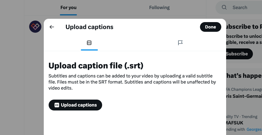 A screen shot of Twitter / X showing a modal allowing you to upload an .SRT file