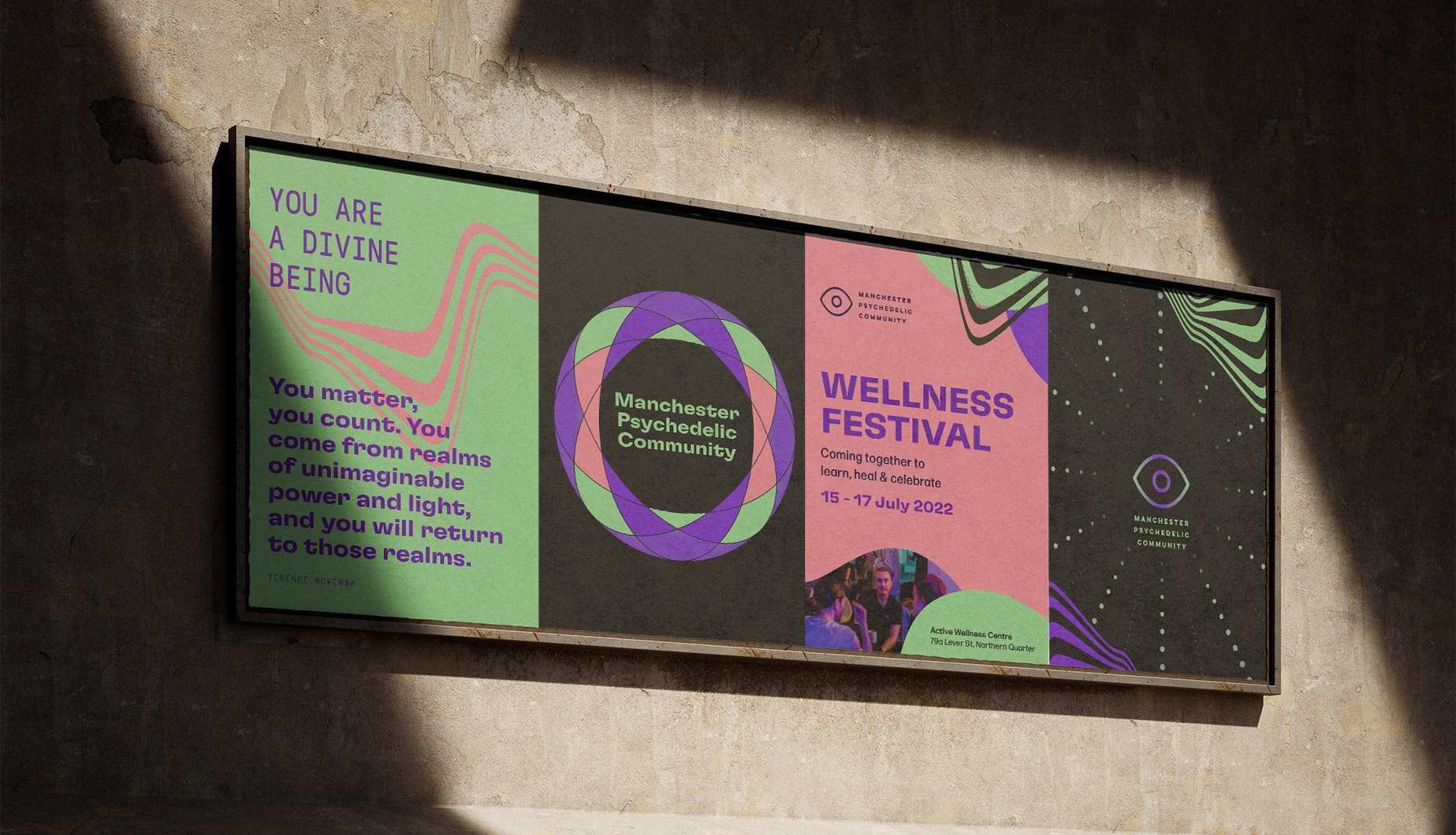 Four consecutive posters for the Manchester Psychedelic Community, featuring vibrant, psychedelic designs. They promote themes of wellness and consciousness and pne is promotional poster for a Wellness Festival.