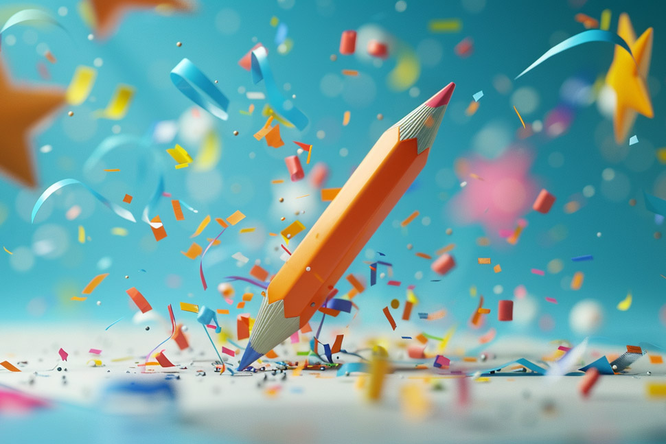 a pencil with 2 points writing on paper with a bunch of celebratory starts and confetti bursts surrounding it