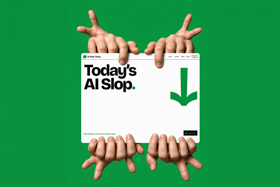 AI Slop website being held up by AI-generated hands with the wrong number of fingers and thumbs